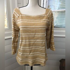 Anthropologie Postmark Striped Yellow and White 3/4 Sleeve Sweater